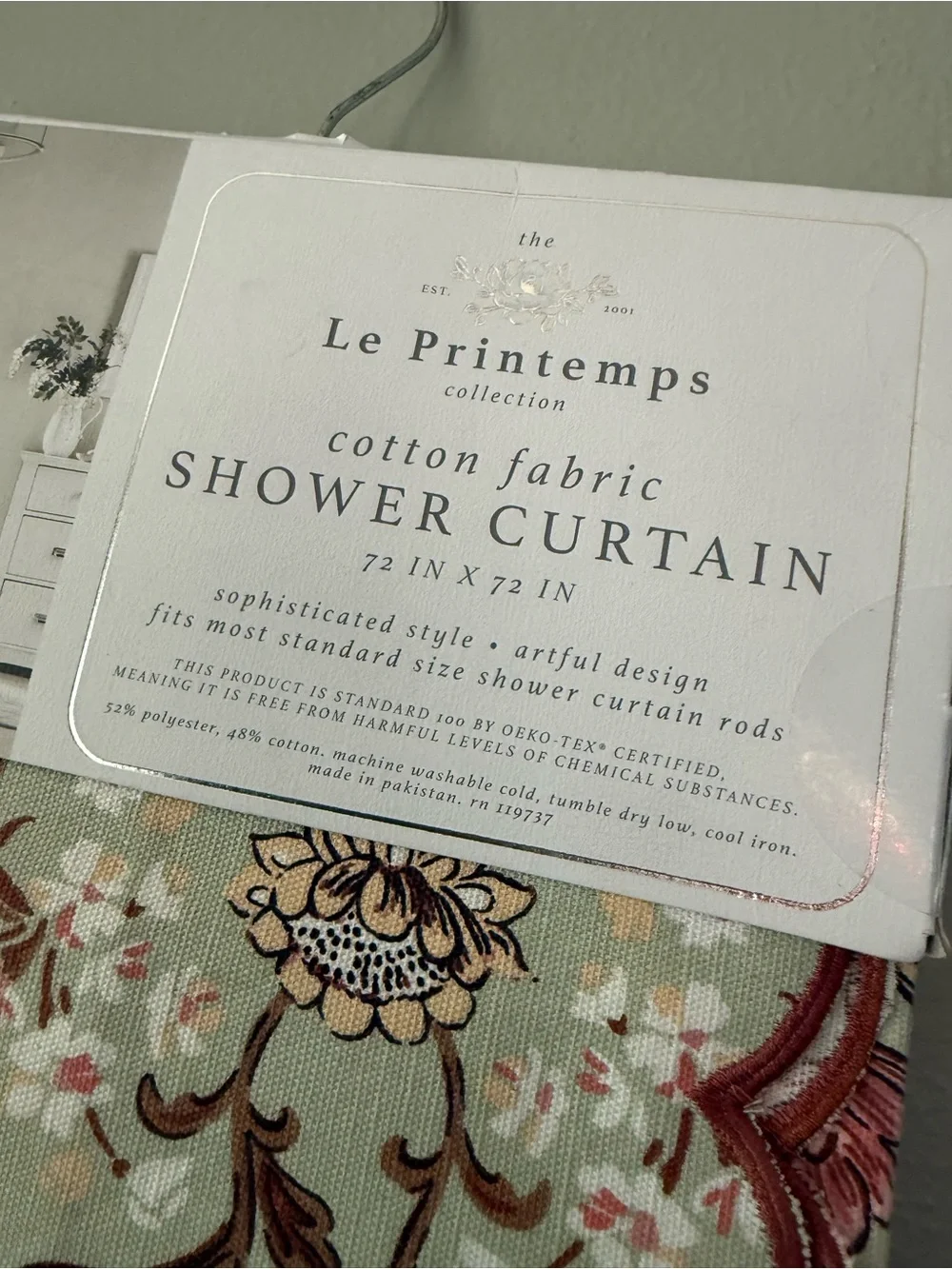 Green Floral Cotton Shower Curtain - Pink & Brown Accents